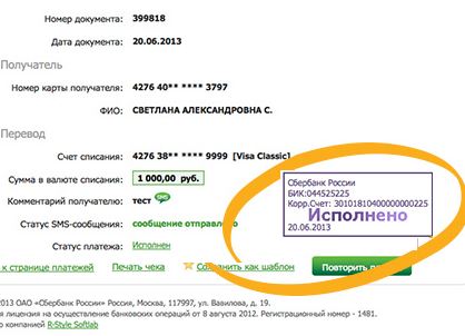 Вид подтвержденного платежа онлайн