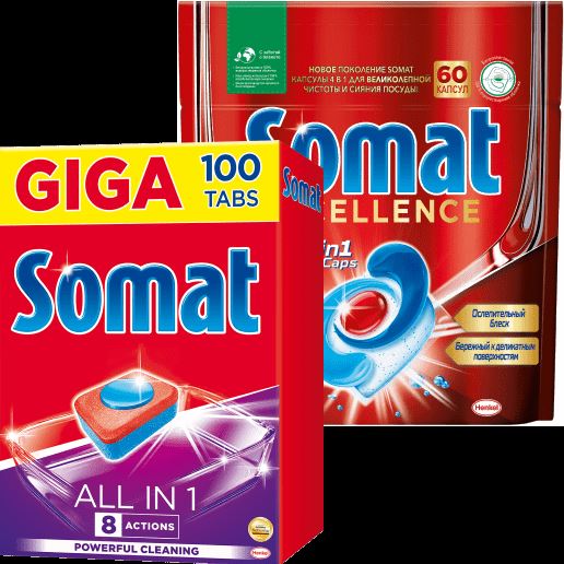 Таблетки и капсулы SOMAT для посудомоечной машины