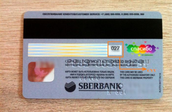 Расположение CVV2 кода на карте Visa, выпущенной Сбербанком