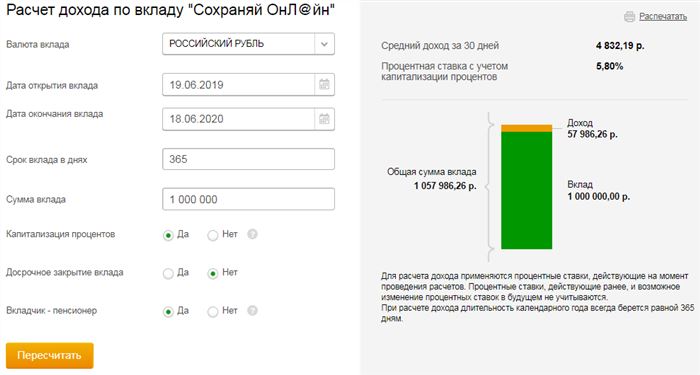 Расчет дохода по вкладу «Сохраняй Онл@йн»